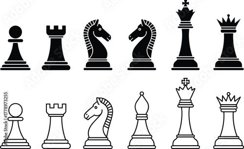 Quadro su tela Black and white chess pieces vector illustration, minimal board game design featuring pawn, rook, knight, queen and bishop icons set