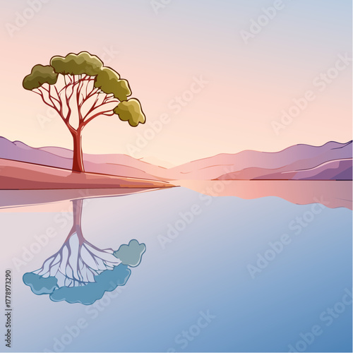 solitary tree reflected in the still waters of a foggy lake at sunrise