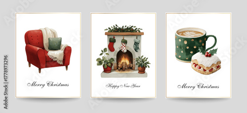 Merry Christmas and Happy New Year greeting cards templates. Watercolor winter elements - illustrations for posters, banners, backgrounds or greeting cards. Holiday decor.