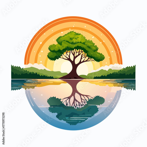 solitary tree reflected in the still waters of a foggy lake at sunrise