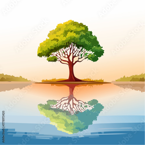 solitary tree reflected in the still waters of a foggy lake at sunrise