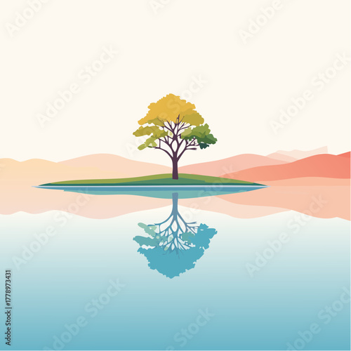 solitary tree reflected in the still waters of a foggy lake at sunrise