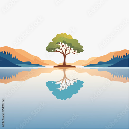 solitary tree reflected in the still waters of a foggy lake at sunrise