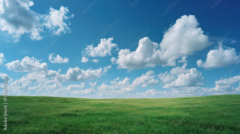Fototapeta premium Vibrant Sky Over Green Meadow with Scattered Clouds Under Sunlight