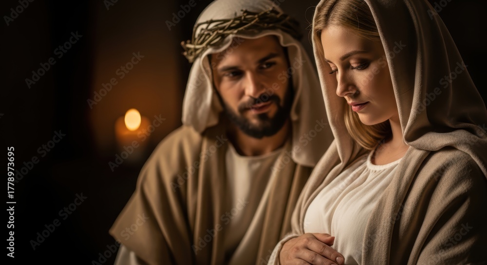 Fototapeta premium Nativity scene featuring a serene woman and man, with soft lighting and warm tones, capturing the essence of a sacred moment in a humble setting with deep emotional connection