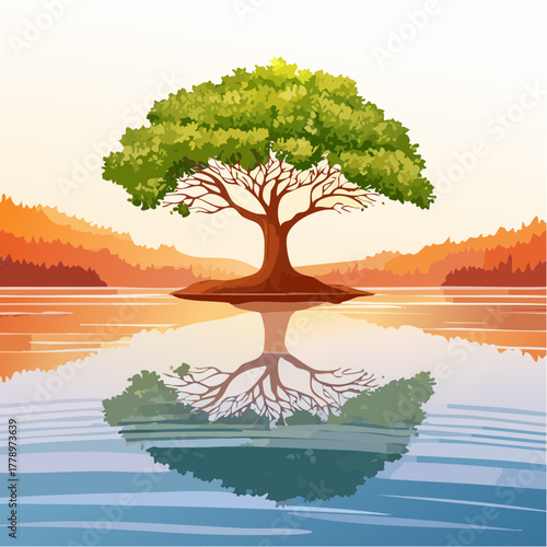 solitary tree reflected in the still waters of a foggy lake at sunrise