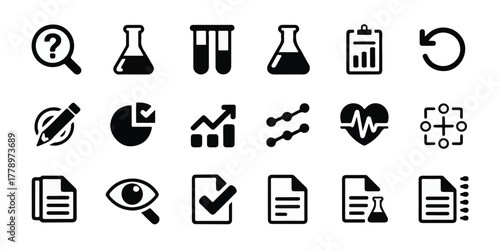 High-quality vector illustration of 30 minimalist black-and-white scientific research icons in clean three-row grid, professional, modern, commercial-ready, sharp, evenly spaced.