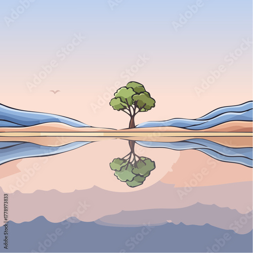 solitary tree reflected in the still waters of a foggy lake at sunrise