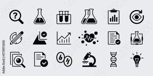 High-quality vector illustration of 30 minimalist black-and-white scientific research icons in clean three-row grid, professional, modern, commercial-ready, sharp, evenly spaced.