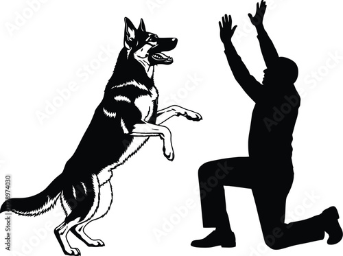 Silhouette of man kneeling with german shepherd dog jumping up to high five