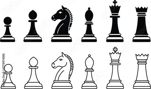 Foto Black and white chess pieces vector illustration, minimal strategy board game design featuring pawn, knight, bishop, queen, and rook icons