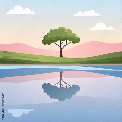 solitary tree reflected in the still waters of a foggy lake at sunrise