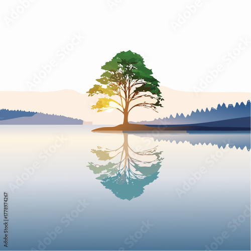 solitary tree reflected in the still waters of a foggy lake at sunrise