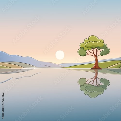 solitary tree reflected in the still waters of a foggy lake at sunrise