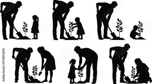 Silhouettes of people planting trees in various poses and scenarios