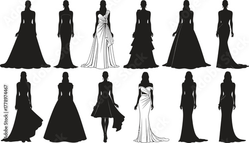 Silhouettes of women wearing various formal dresses in black and gray