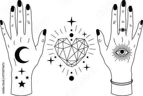 Two hands with tattoos and geometric heart graphic on white background