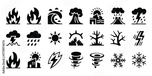 High-quality vector of 20 black-and-white minimalist silhouette icons of natural disasters and extreme weather, aligned grid, clean geometric shapes, modern, bold.