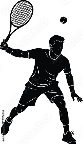 Silhouette of tennis player hitting ball with racket on white background