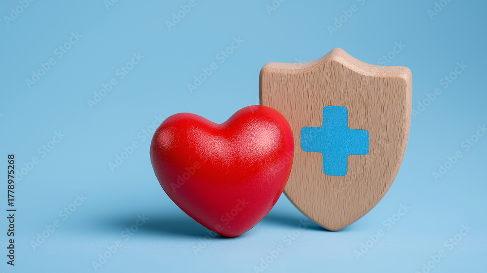 Fototapeta premium Red Heart and Wooden Shield. Health Insurance, Medical Protection, Heart Care, Safety, Minimalist Wellness Concept. 