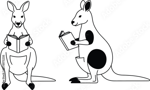 Two kangaroos are reading books in a black and white line drawing