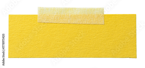 Isolated cut out piece of yellow paper note with rough texture and adhesive sticky tape with copy space for text, transparent png background design element