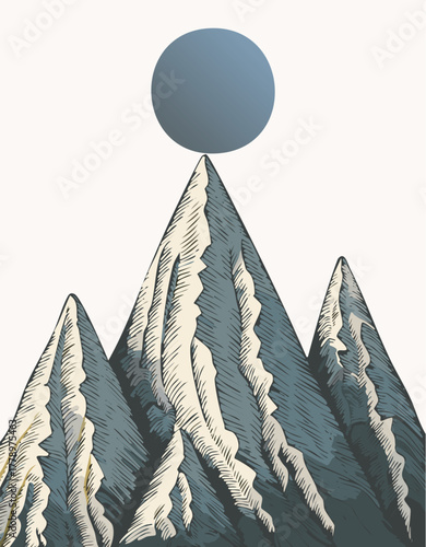 Mountain range with a large sphere hovering above, illustration in cool tones