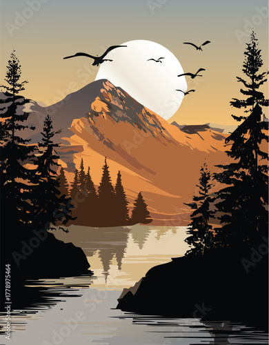 Mountain landscape with lake and forest, birds flying in the sky at sunset