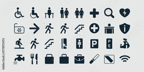 High-quality, commercial-ready minimalist vector icons of universal signage and accessibility, three-row grid, geometric shapes, clean lines, modern, readable, stock-ready, digital and print.