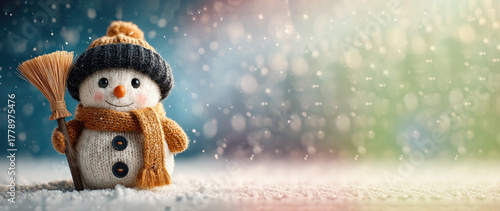 Cute snowman with knitted outfit, orange scarf, and broom in snowy landscape with colorful bokeh background and falling snow Generative AI