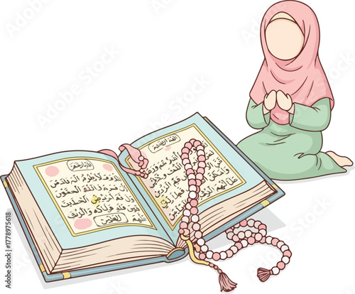 Serene Muslim woman praying with rosary and Quran, embracing faith and spirituality, a moment of devotion and tranquility for religious use