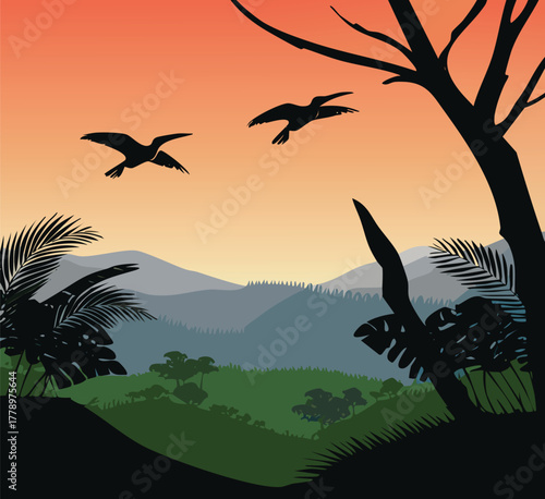 Pterodactyls flying over prehistoric landscape with trees and mountains