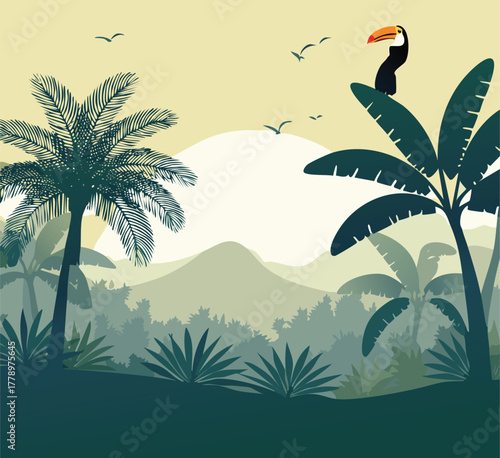 Tropical jungle landscape with palm trees, toucan and sun in the background
