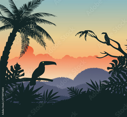Tropical jungle landscape with toucans and palm trees at sunset in vector