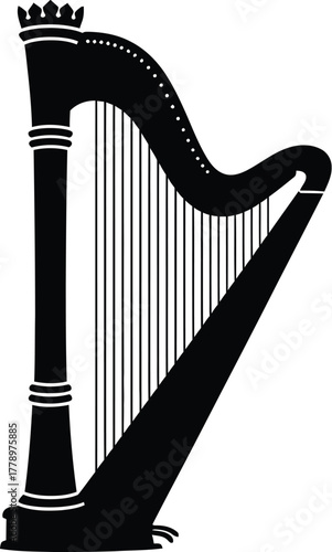 A black silhouette of a harp with strings on a white background