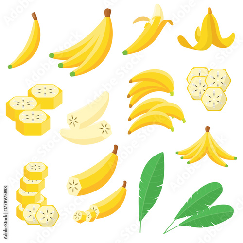 Banana Fruit and Leaves Vector Set: Whole, Peeled, Sliced, Bunches, and Peel - Flat Cartoon Illustration Collection