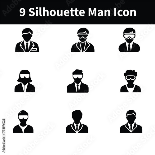 Silhouette Man Icon: Collection of various style of man in an icon set. Representing the versatility of individuals in various professional settings, each silhouette stands as a symbol of identity.