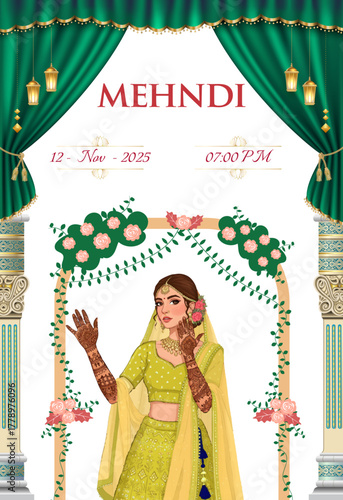 Elegant Mehndi invitation card featuring a stylish bride in yellow attire with floral arch and festive drapes-perfect for Indian weddings.