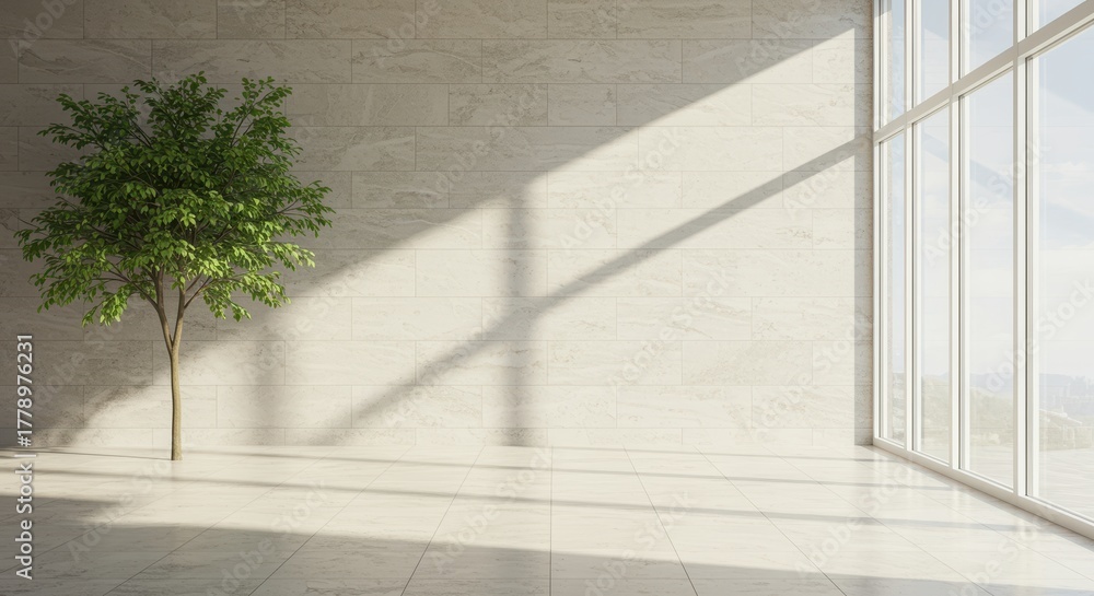 Fototapeta premium Modern interior with large window, tiled wall, and a single tree minimalist room