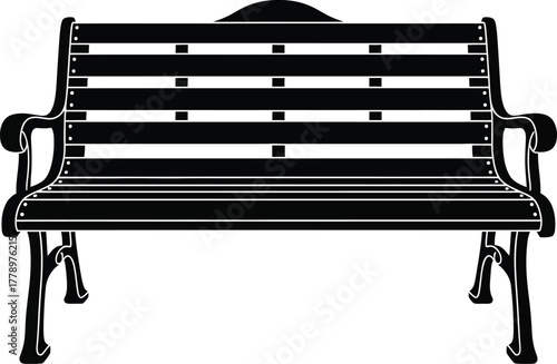 A black bench with slats and armrests on a white background design