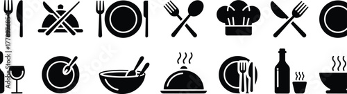 Black and White Dining Icons for Restaurant Menu, Culinary Website, Kitchen Tools, Food Service, Cooking, Hospitality, Tableware, and Beverage Design