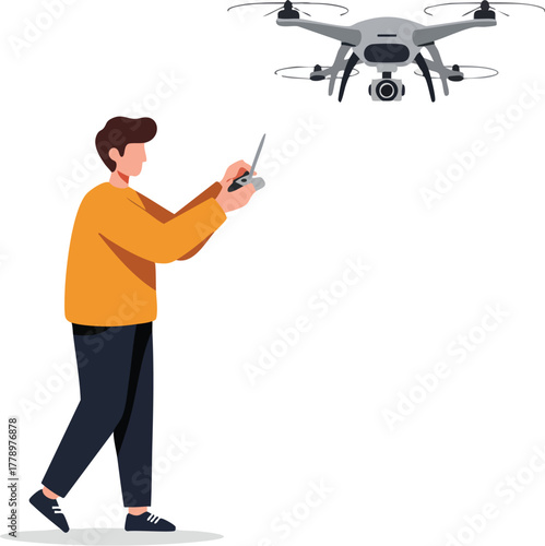 A man operates a remote control as a drone flies in the air.