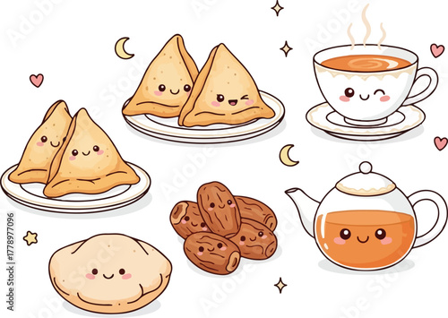 Adorable kawaii samosas, dates, and tea set creates a charming culinary scene for festive celebrations and delightful culinary art.
