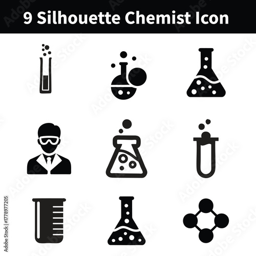 Chemist Icons: Illustrative collection of nine distinct silhouette chemist icons that represent lab instruments and laboratory setting.