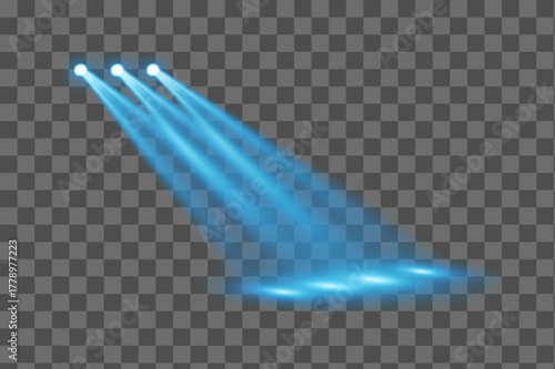 Blue glowing spotlight beams with soft illumination and stage light projection realistic PNG