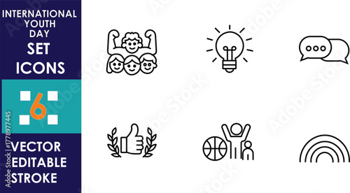 Clean vector icon set celebrating International Youth Day, showing teamwork, creativity, communication, success, sports, and diversity with editable stroke and minimalist outline design