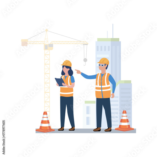 Male and female engineers or construction managers supervising a building site with a large crane and city buildings in the background