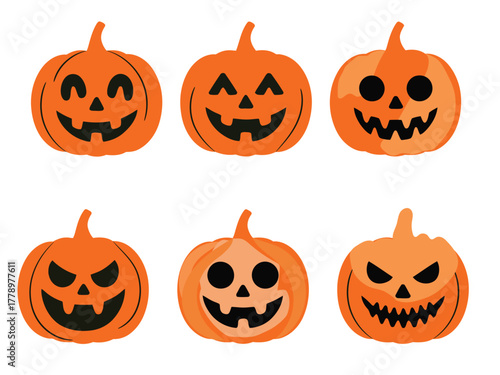 Halloween Pumpkin Faces: A collection of intricately carved jack-o'-lanterns, each bearing a unique and captivating expression, evoking the spirit of Halloween.