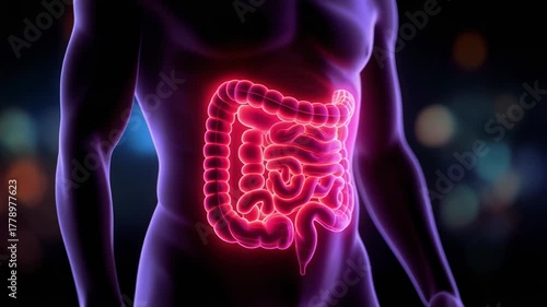 Illustration of the human digestive system glowing in neon colors for health and education purposes