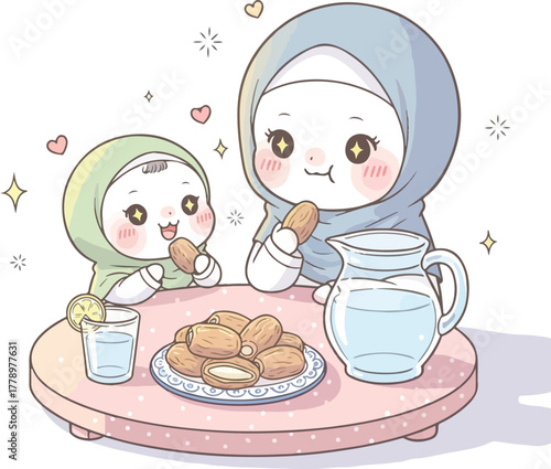 Capture heartwarming family moments with this charming illustration of a mother and child sharing sweet dates and refreshing water, perfect for Ramadan and Eid celebrations.